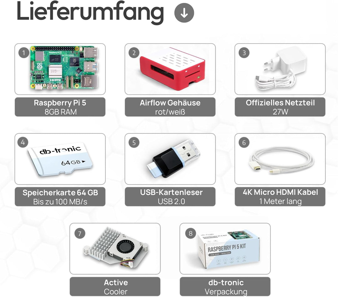 db-tronic Raspberry Pi 5 8GB Cooler Set | 64GB Edition | Netzteil 27W | Airflow Gehäuse | Active Coo