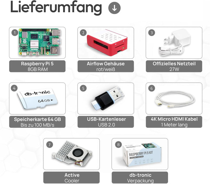 db-tronic Raspberry Pi 5 8GB Cooler Set | 64GB Edition | Netzteil 27W | Airflow Gehäuse | Active Coo