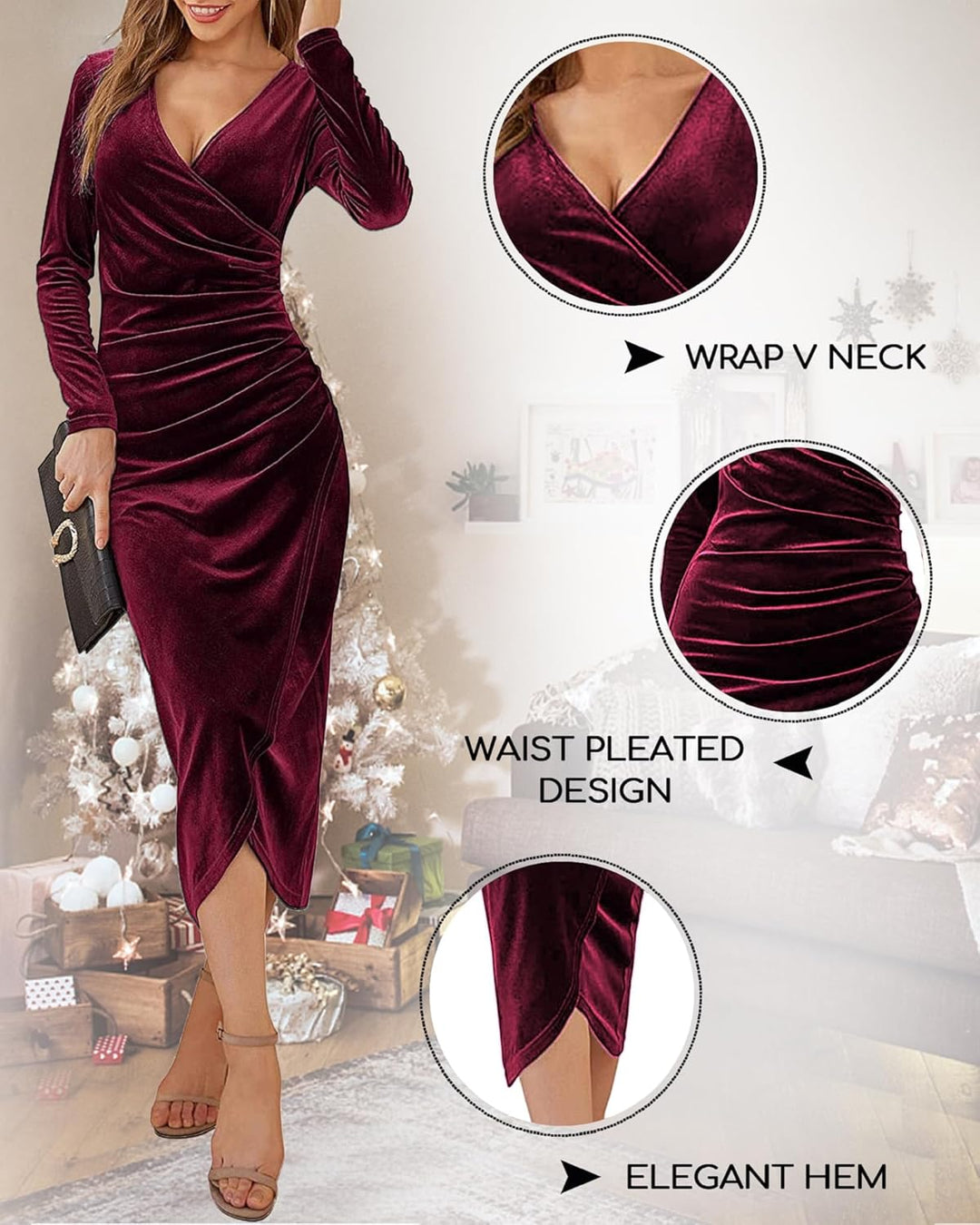 Yutdeng Kleid Lang Damen Elegant Partykleid Samt V Ausschnitt Cocktailkleid Abendkleid Bodycon Kleid