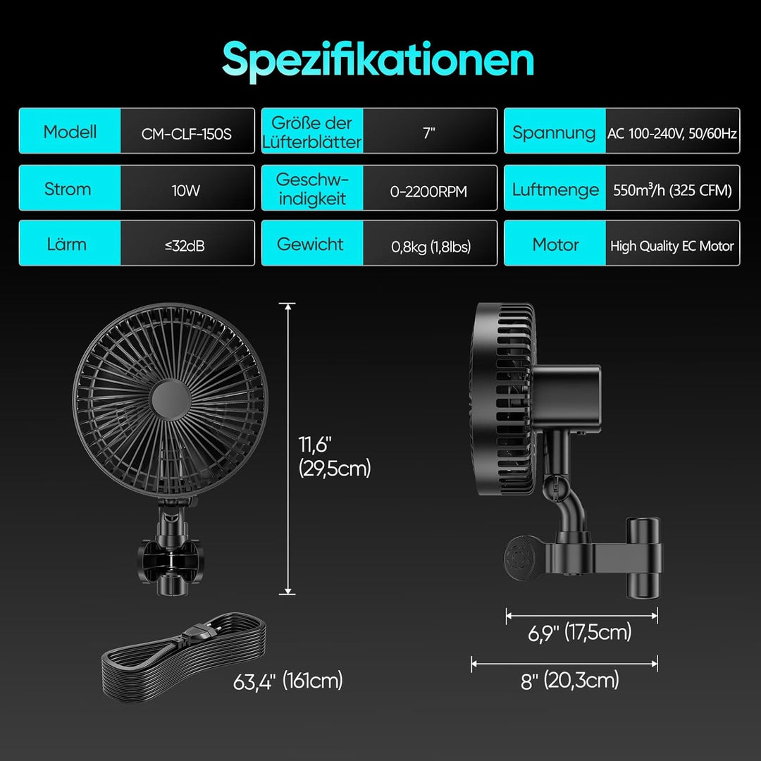 Grow Ventilator mit Clip, 4-Drehzahlstufen, 10W EC Motor, 550 m3/h Luftstrom, 32 dBA, 5-Blatt-7-Zoll