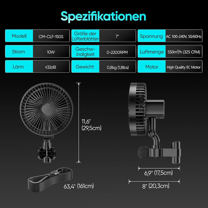 Grow Ventilator mit Clip, 4-Drehzahlstufen, 10W EC Motor, 550 m3/h Luftstrom, 32 dBA, 5-Blatt-7-Zoll