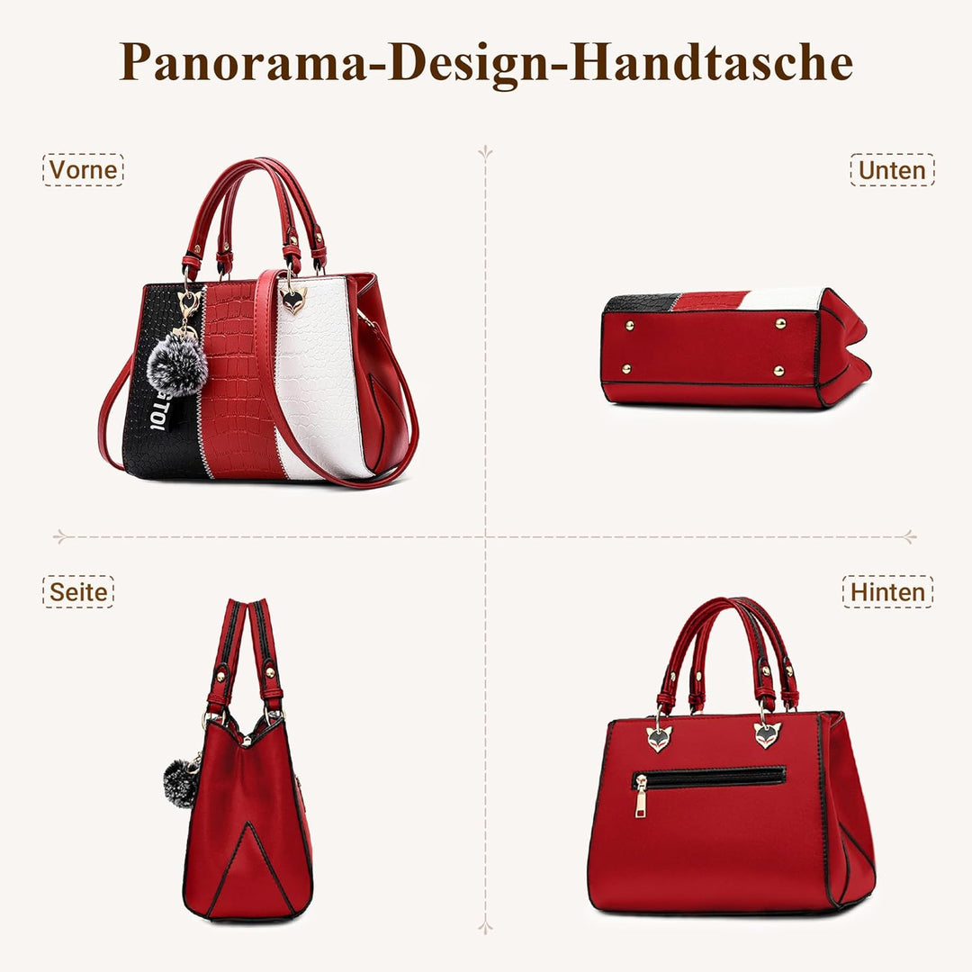 DIRRONA Damen Handtasche, PU Leder Handtasche mit Farbblock-Design und elegantem Anhänger, stilvolle