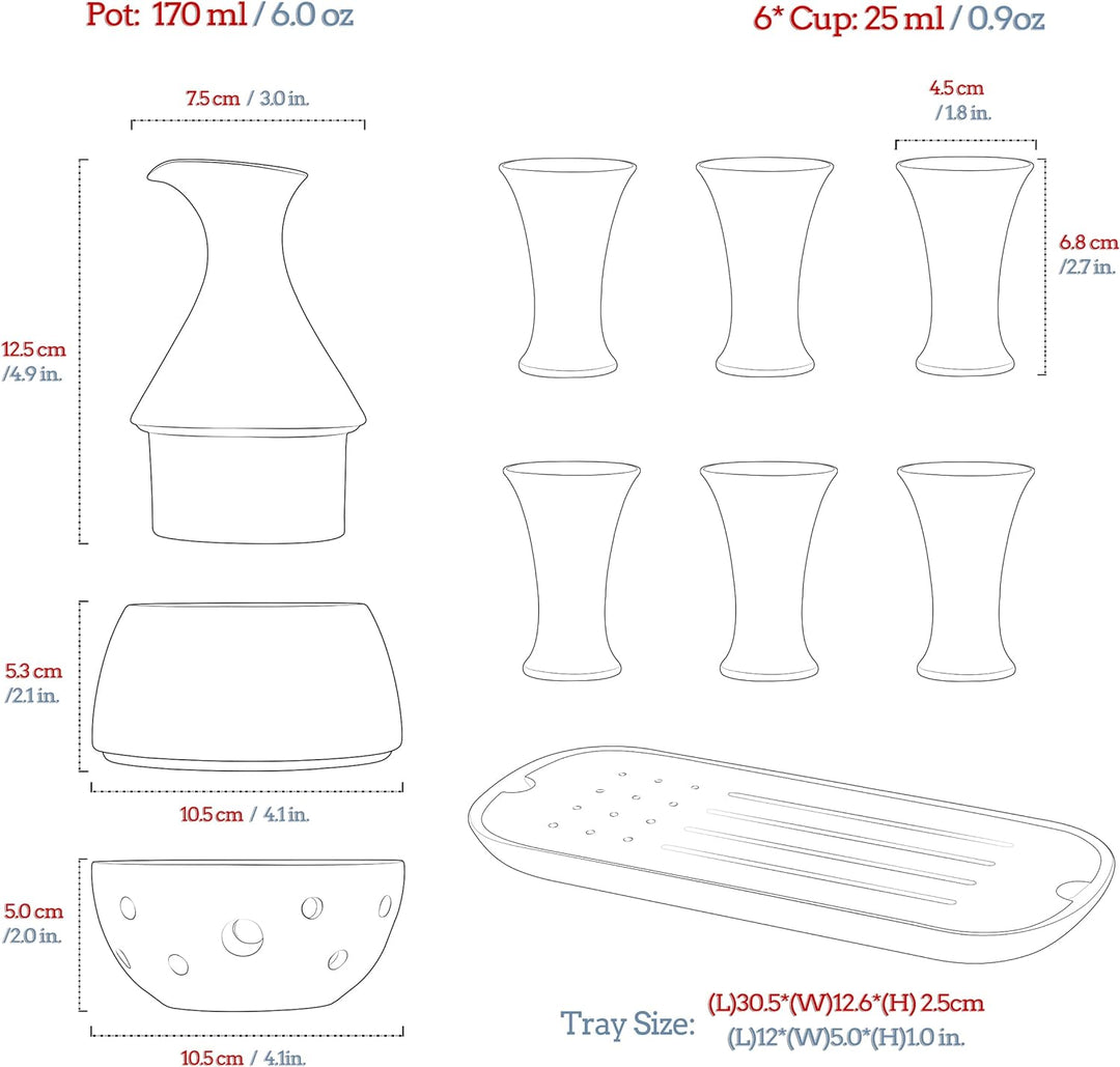 TEANAGOO Japanisches Traditionell, Sake Karaffe (170 ml) mit 6 Sake Becher (25 m) für heisse oder ka