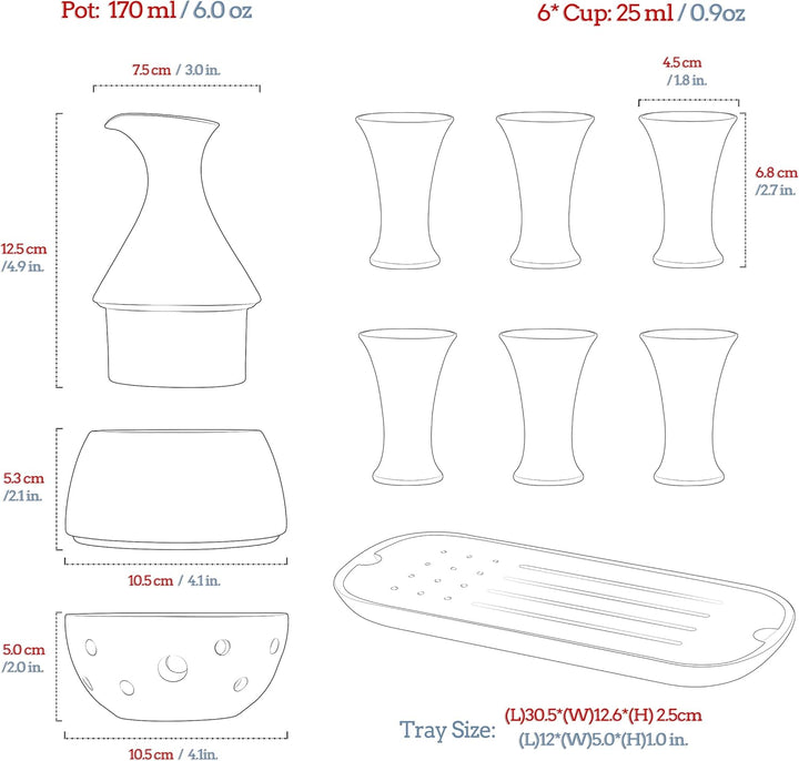 TEANAGOO Japanisches Traditionell, Sake Karaffe (170 ml) mit 6 Sake Becher (25 m) für heisse oder ka