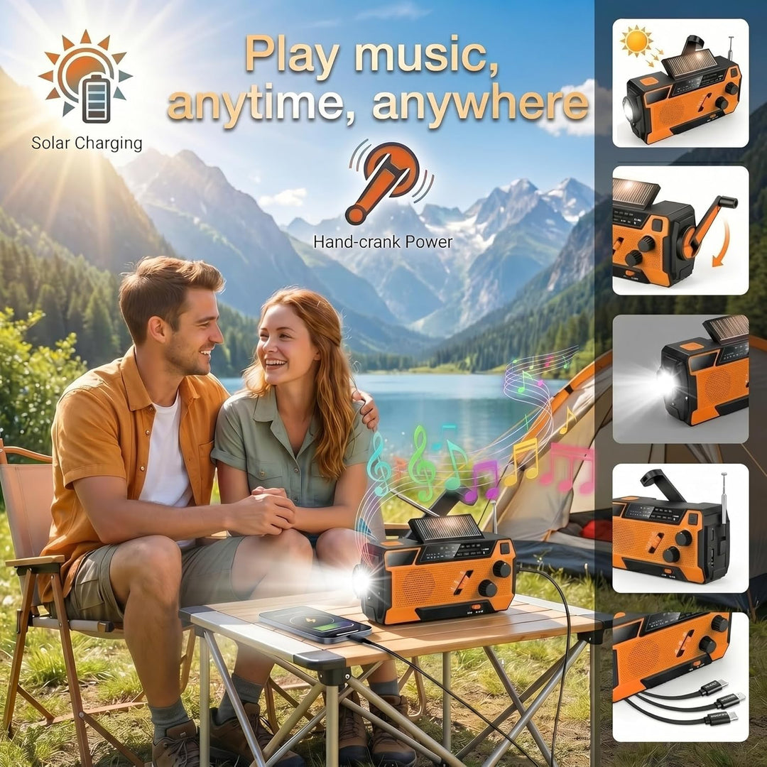 Notfall Radio Kurbelradio mit 3 USB-Lademöglichkeiten, Solar Radio 2000mAh Powerbank Typ-C/Micro-USB