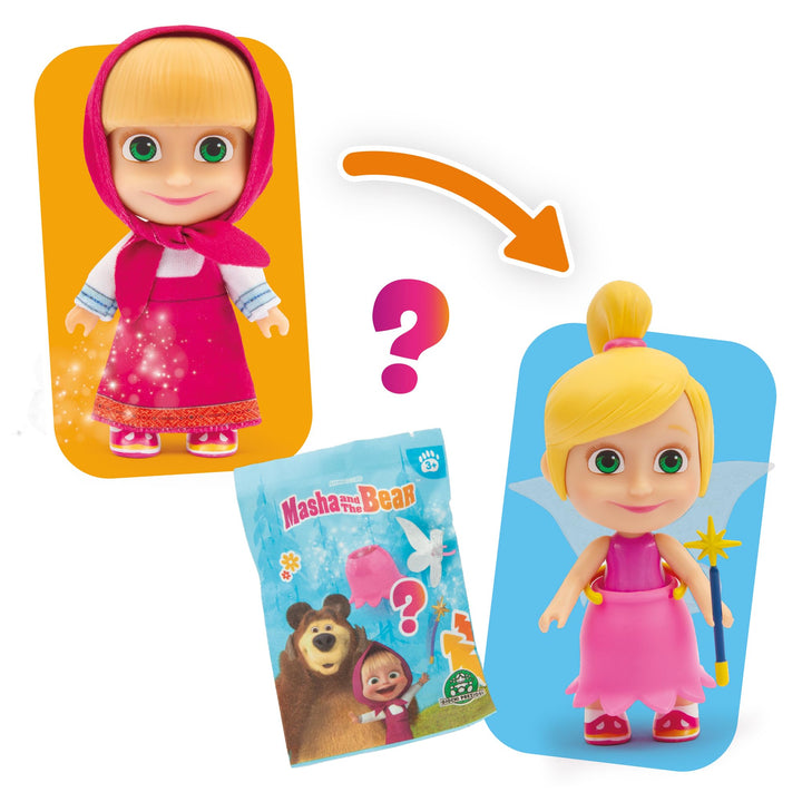 Mascha und der Bär, 12 cm grosse Masha-Puppe mit abnehmbarem Kleid und Haaren, 3 Überraschungstasche