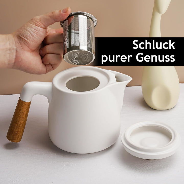 MIAMIO - 1 Liter Keramik-Teekanne-Set mit Siebeinsatz und Tassen/Teesieb, 4 Keramik-Teetassen (300 m