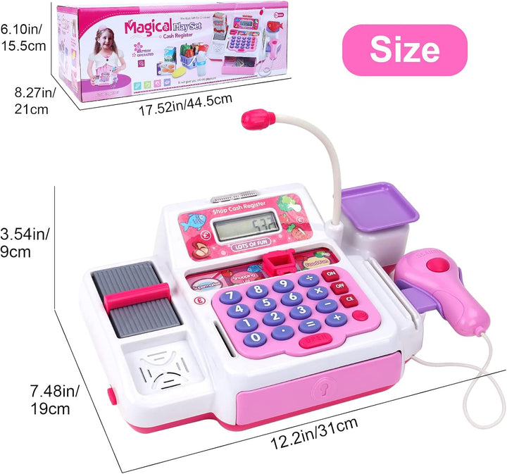 deAO Spielkasse Kinderkasse mit Licht und Sound, Spielzeug Kasse mit Scanner, Spielgeld, Spielzeugle