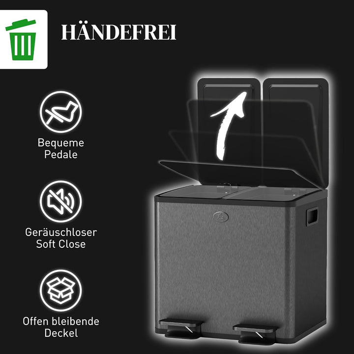 HOMCOM Mülleimer 2 x 15L Abfalleimer aus Edelstahl Mülltrennsystem mit Softclose Deckel, Herausnehmb