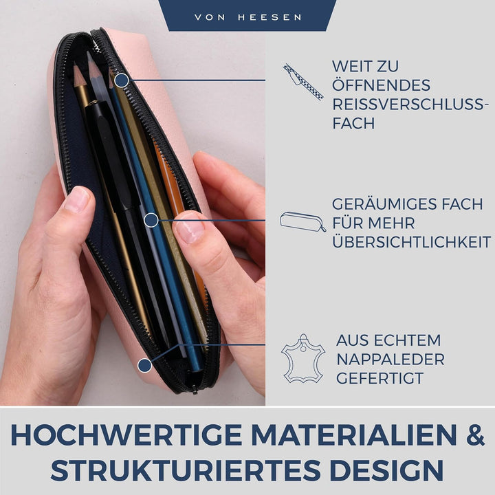 VON HEESEN® Echtleder Federmäppchen Leder Federmappe Etui für Stifte Mäppchen Schule Federtasche Uni