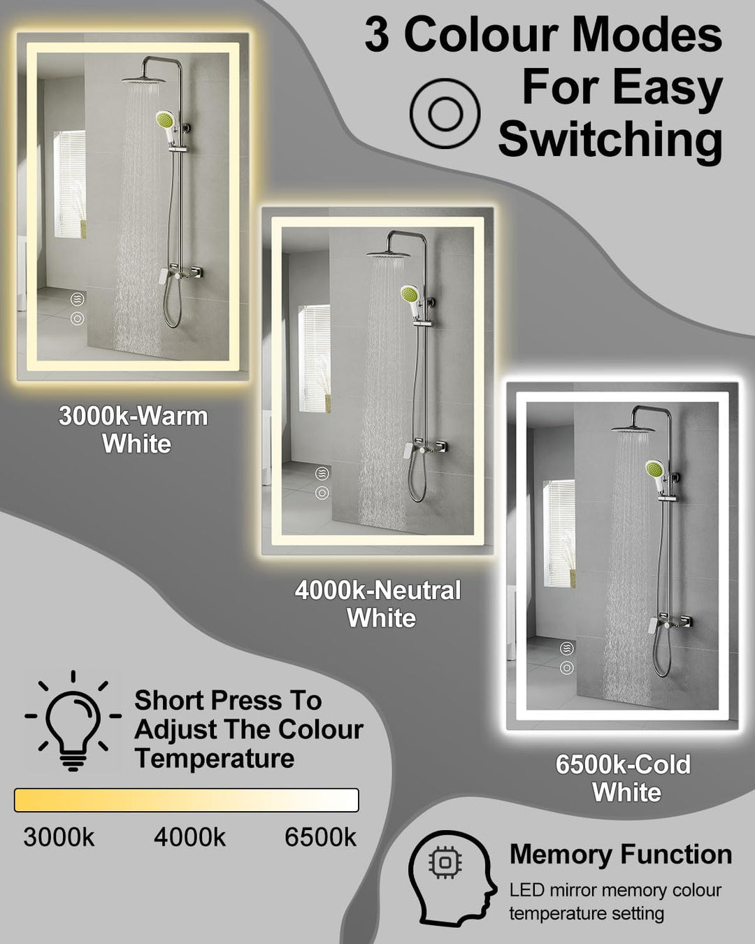 Badspiegel mit Beleuchtung, 60x80cm LED Bad Spiegel mit Licht Mit 3000k/4000k/6000k, Spiegel mit Bel