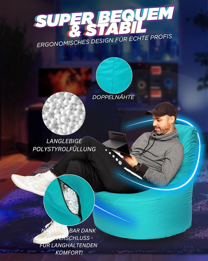 PATCH HOME Gamer Kissen & Lounge Sitzsack – befüllbar mit Reissverschluss, gefüllt mit Styropor, gee