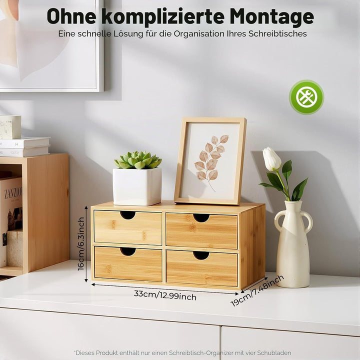 Desktop Aufbewahrung Box Bambus Vintage, 4-stufiges Schubladensystem mit stabiler Ablagefläche, natü