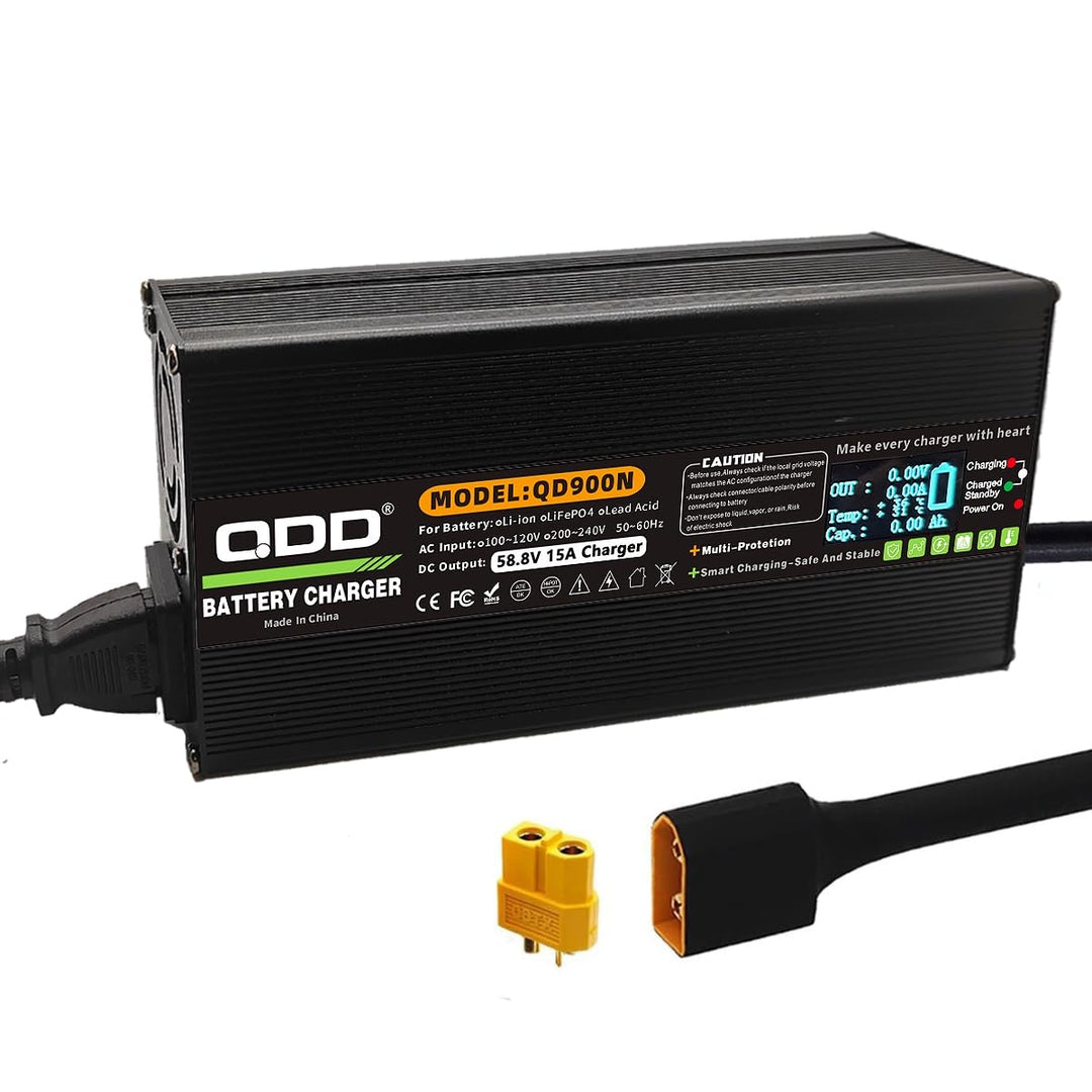 QDD 58,8 V 15 A Li-Ionen-Akkuladegerät mit OLED-Display, DC XT60-Stecker, verwendet für 14S 52 V Lit