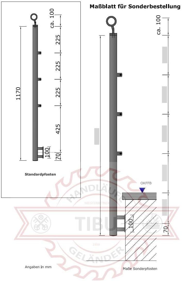 TIBU Einzelner Edelstahl Geländer Handlaufpfosten für seitliche Montage 3 Streben Seitenabstand 70mm