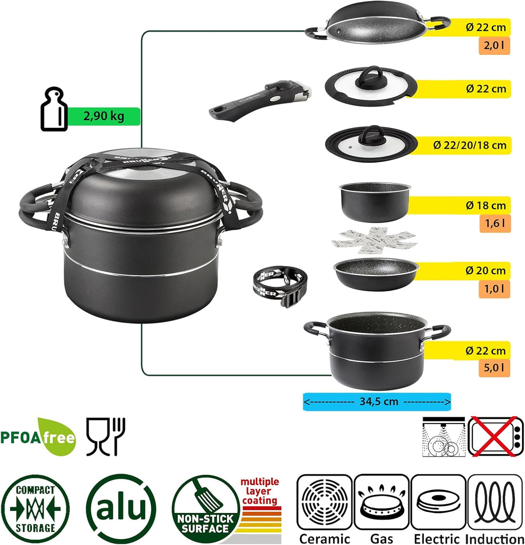 BRUNNER Camping Kochgeschirr-Set Alu (Töpfe und Pfannen) - ø 20, 22 oder 24-cm Pirate Vakublock - 4