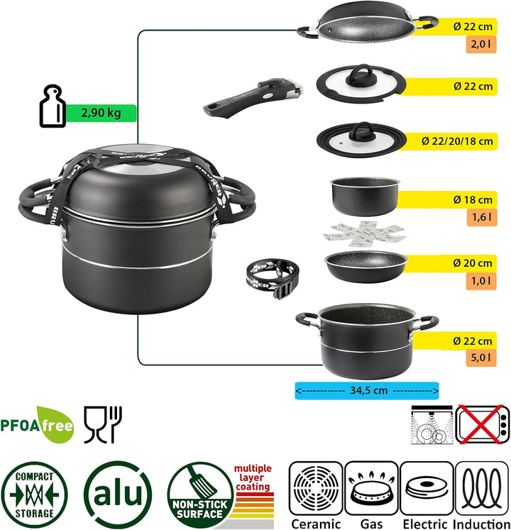 BRUNNER Camping Kochgeschirr-Set Alu (Töpfe und Pfannen) - ø 20, 22 oder 24-cm Pirate Vakublock - 4