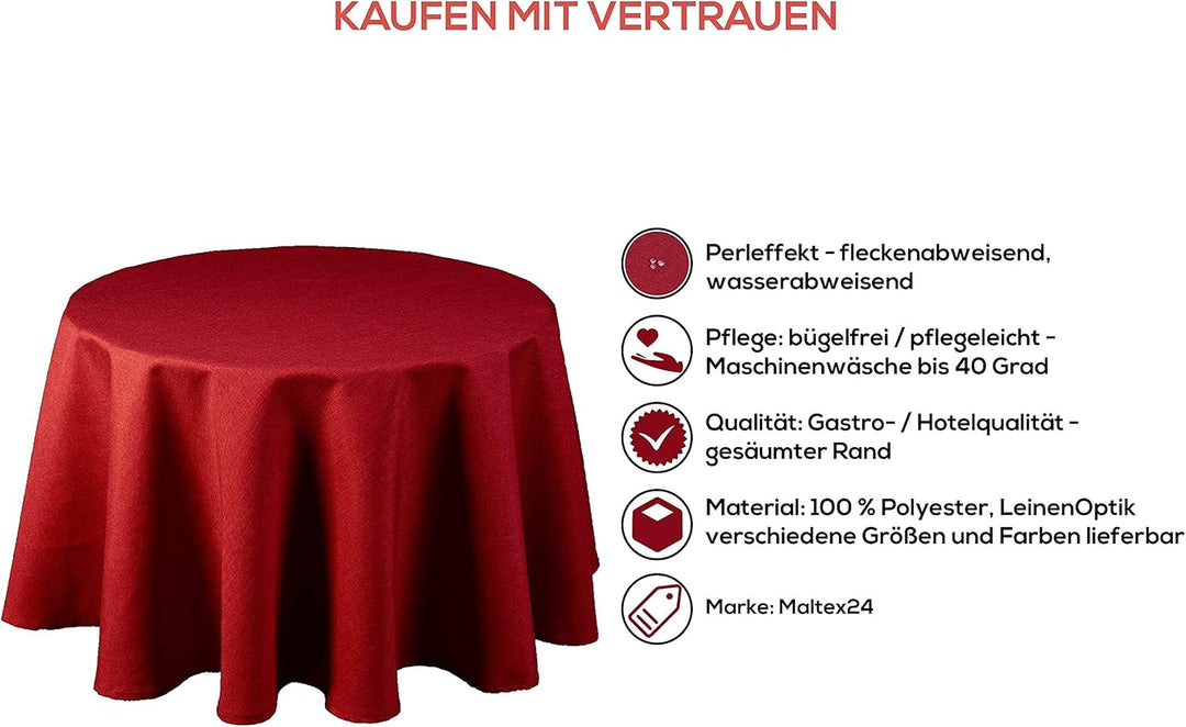 Maltex24 Textil Tischdecke - Leinen Optik - wasserabweisend Rund (Rot, 180 cm) Rot 180 cm, Rot 180 c