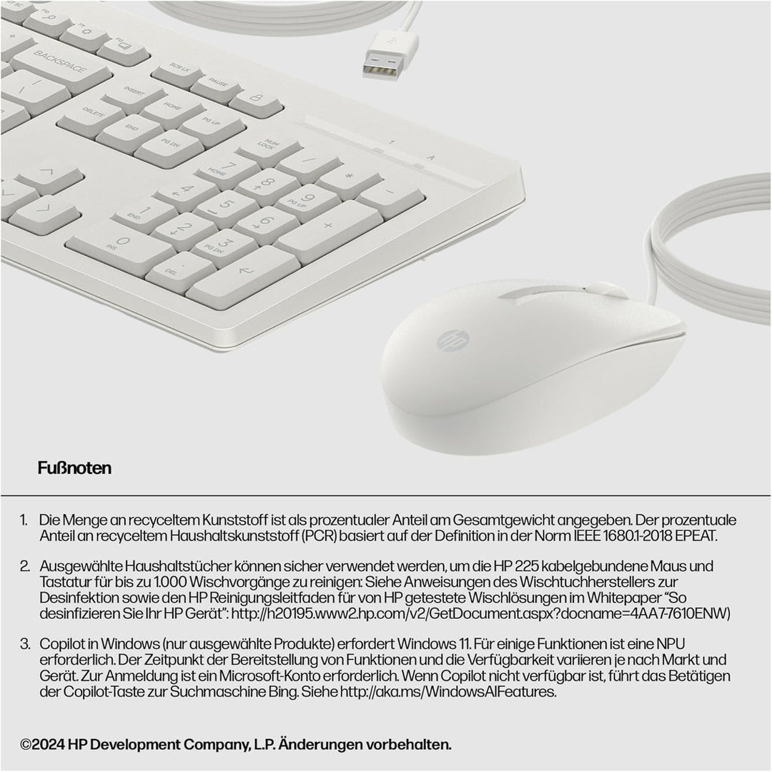 HP 225 - Tastatur-und-Maus-Set - 100% - Full Size - USB - QWERTZ - Deutsch - Cashmere White