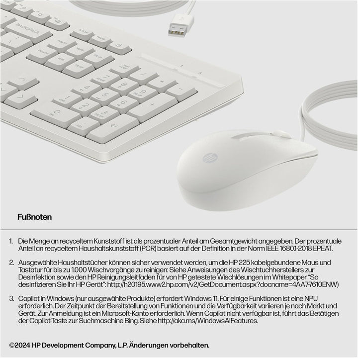 HP 225 - Tastatur-und-Maus-Set - 100% - Full Size - USB - QWERTZ - Deutsch - Cashmere White