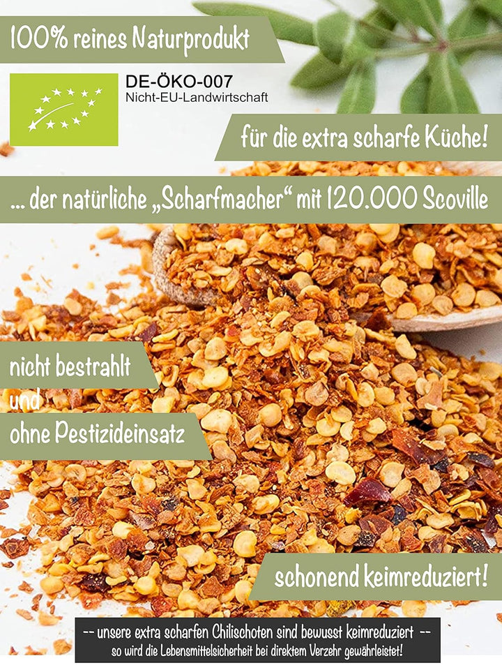 direct&friendly Bio Chili getrocknet extra scharf geschrotet Chiliflocken 120.000 Scoville (250 g) 2