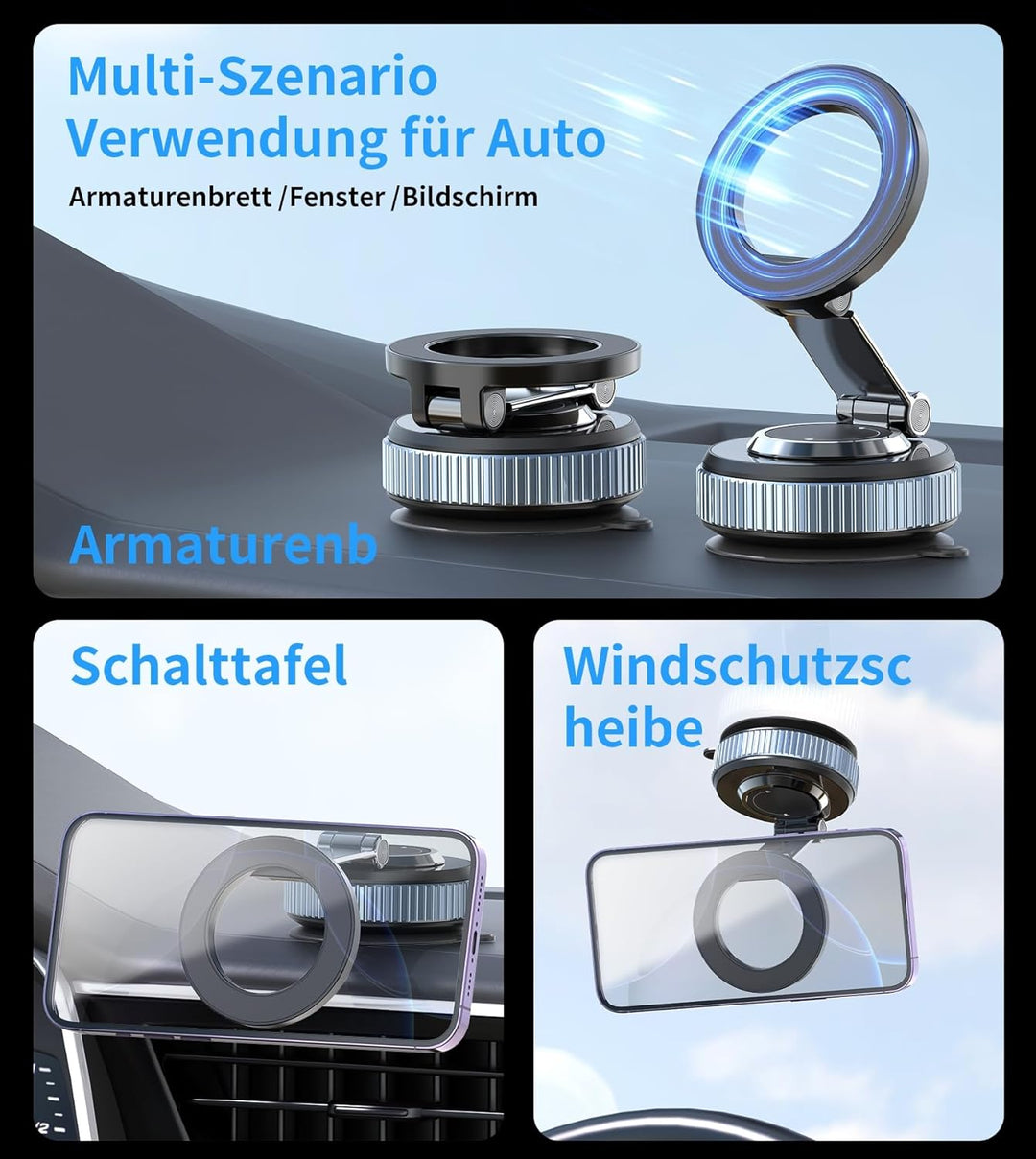 Handyhalterung Auto für MagSafe, Vakuum Magnetische Telefonständer 360° Drehbar Saugnapf Autohalteru