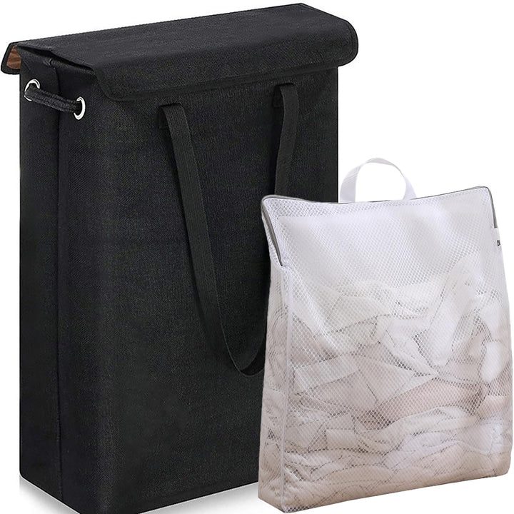 Foldable Wäschekorb Schmal mit Deckel 45L – Laundry Basket aus Leinenoptik mit Reissverschluss-Innen
