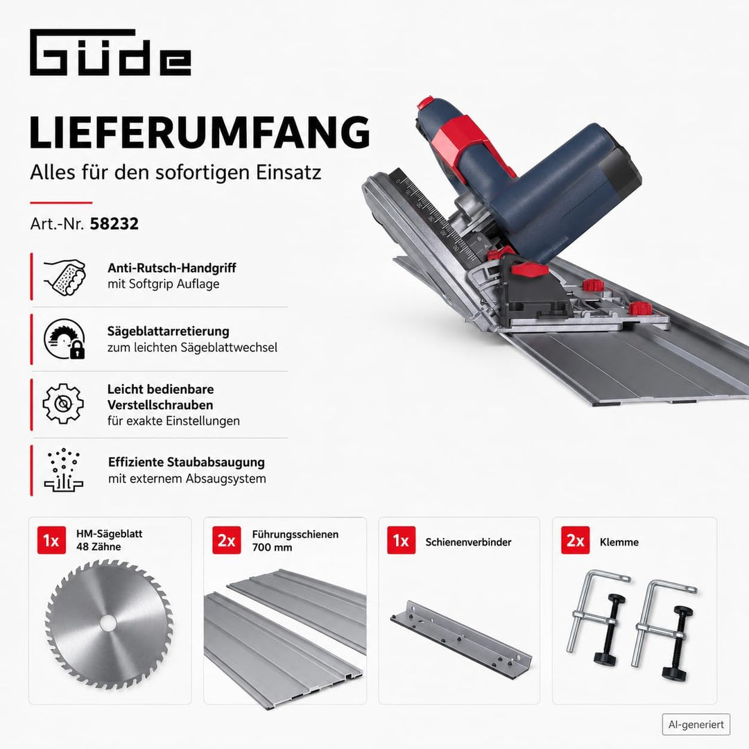 Güde 58232 Tauchkreissäge TS 57-1400 KE Set (1400 W, Sägeblatt-Ø 165 mm, Paralleler Tauchmechanismus
