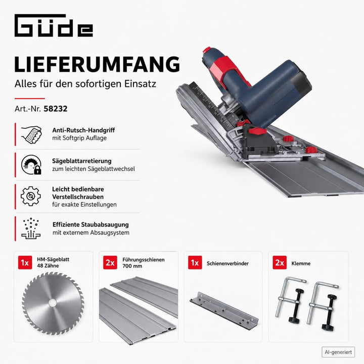 Güde 58232 Tauchkreissäge TS 57-1400 KE Set (1400 W, Sägeblatt-Ø 165 mm, Paralleler Tauchmechanismus