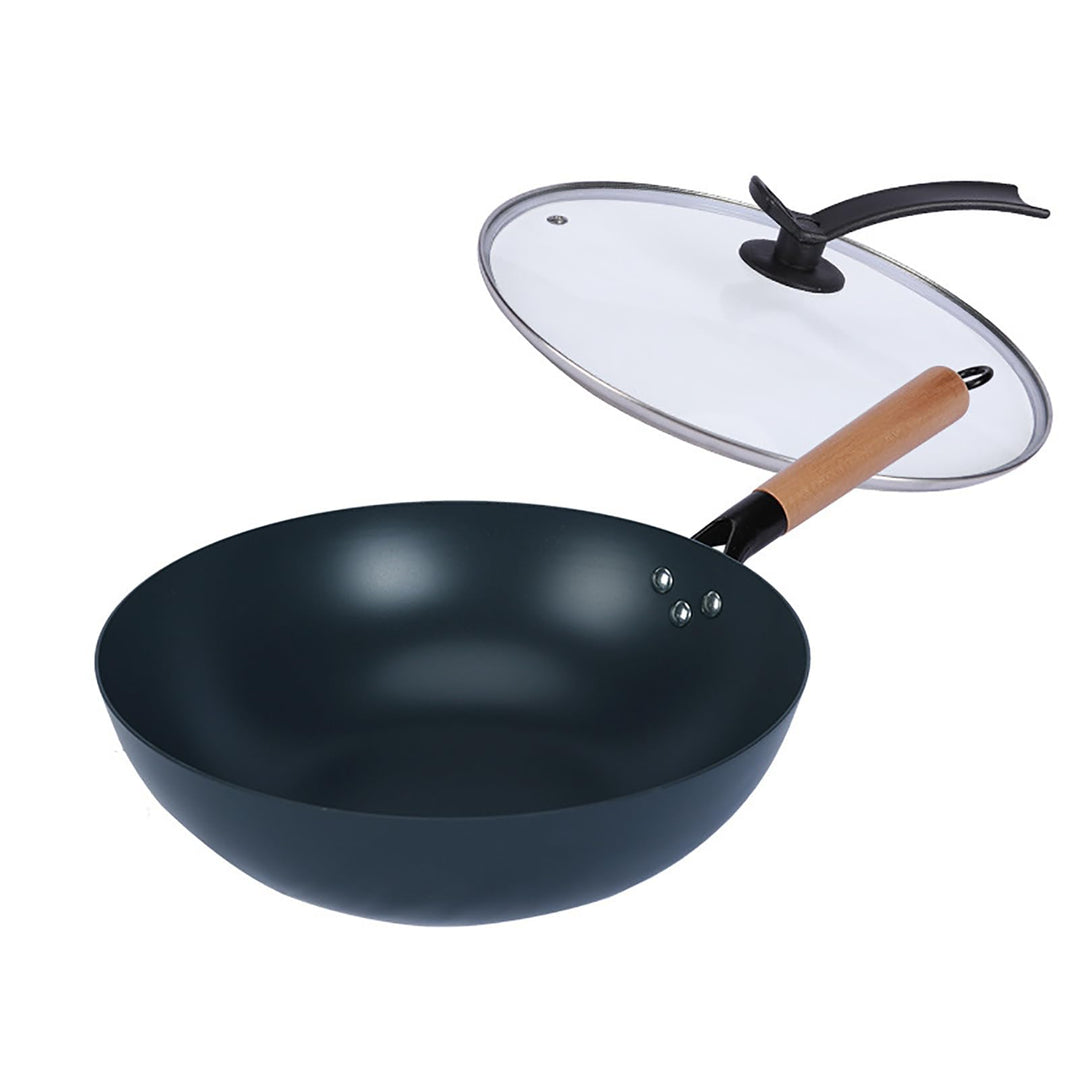 32cm Bratpfanne Wok mit Deckel Eisenpfanne: Massivholzgriff Induktionsgeeignet Geschmiedet Eisenpfan