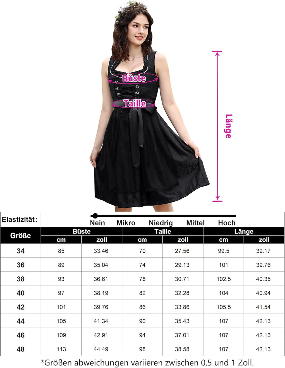 KOJOOIN Trachtenkleid Dirndl Kurz Damen Mid mit Spitzenschürze 2tlg. für Oktoberfest von Gr 34 bis 4