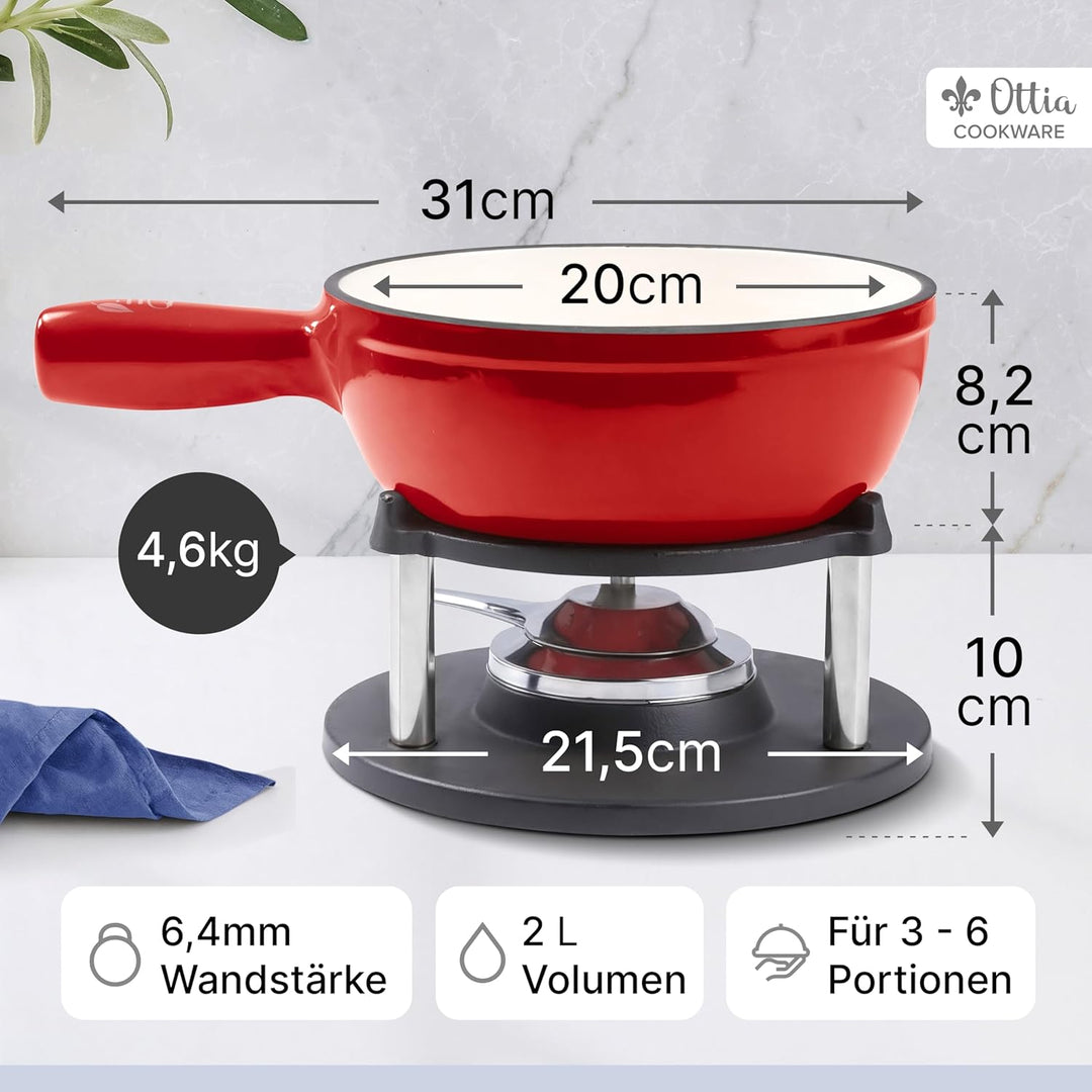 Ottia Gusseisen Fondue Set für 2, 3, 4, 5, 6 Personen, 3-lagige Emaille, Schadstofffrei, 10-teilig m