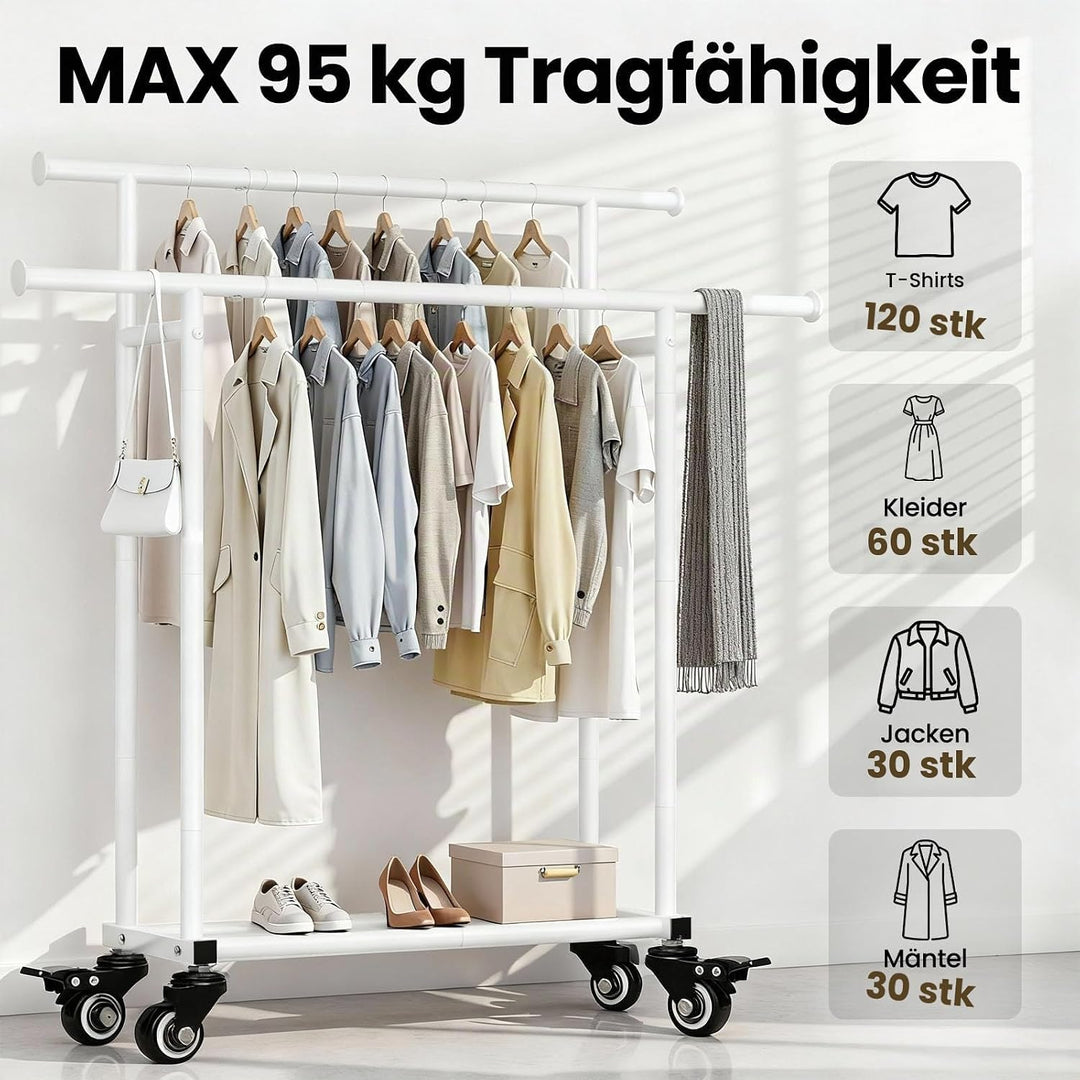 Treeboy Kleiderständer auf Rollen, Mobiler Garderobenständer mit 2 Kleiderstangen &amp; Ablage, stabil b
