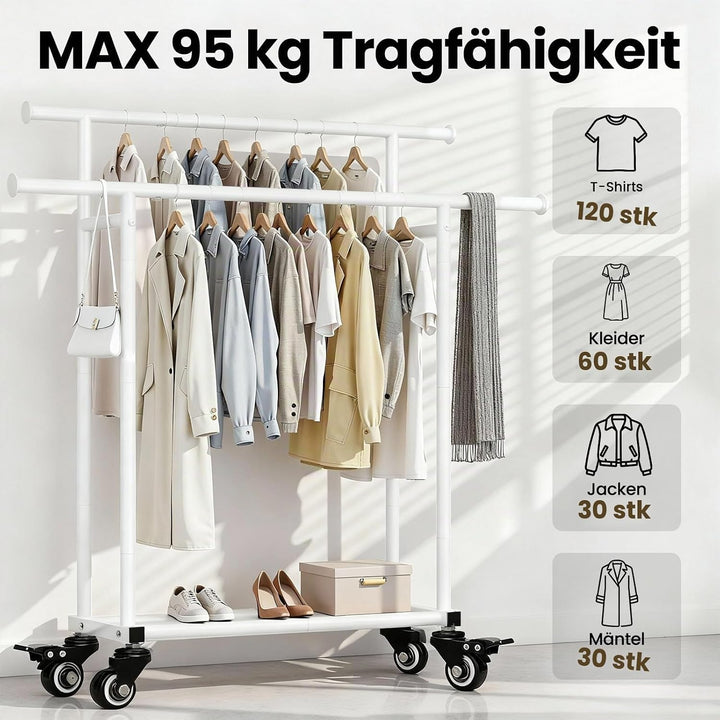 Treeboy Kleiderständer auf Rollen, Mobiler Garderobenständer mit 2 Kleiderstangen &amp; Ablage, stabil b