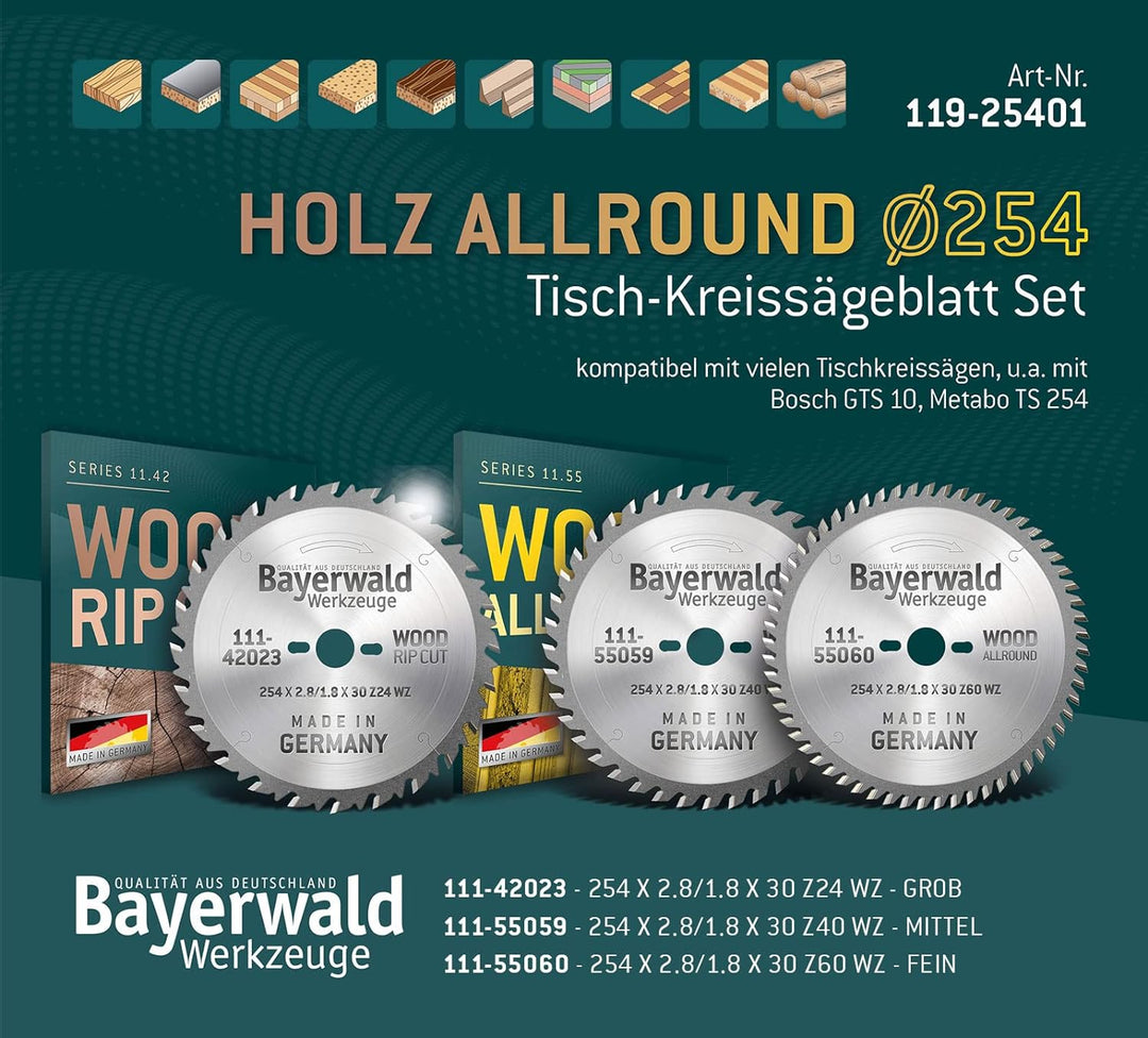 Bayerwald Kreissägeblatt Set Ø254 (3 tlg.) - für Holz Längs &amp; Querschnitte - geeignet für Tischkreis
