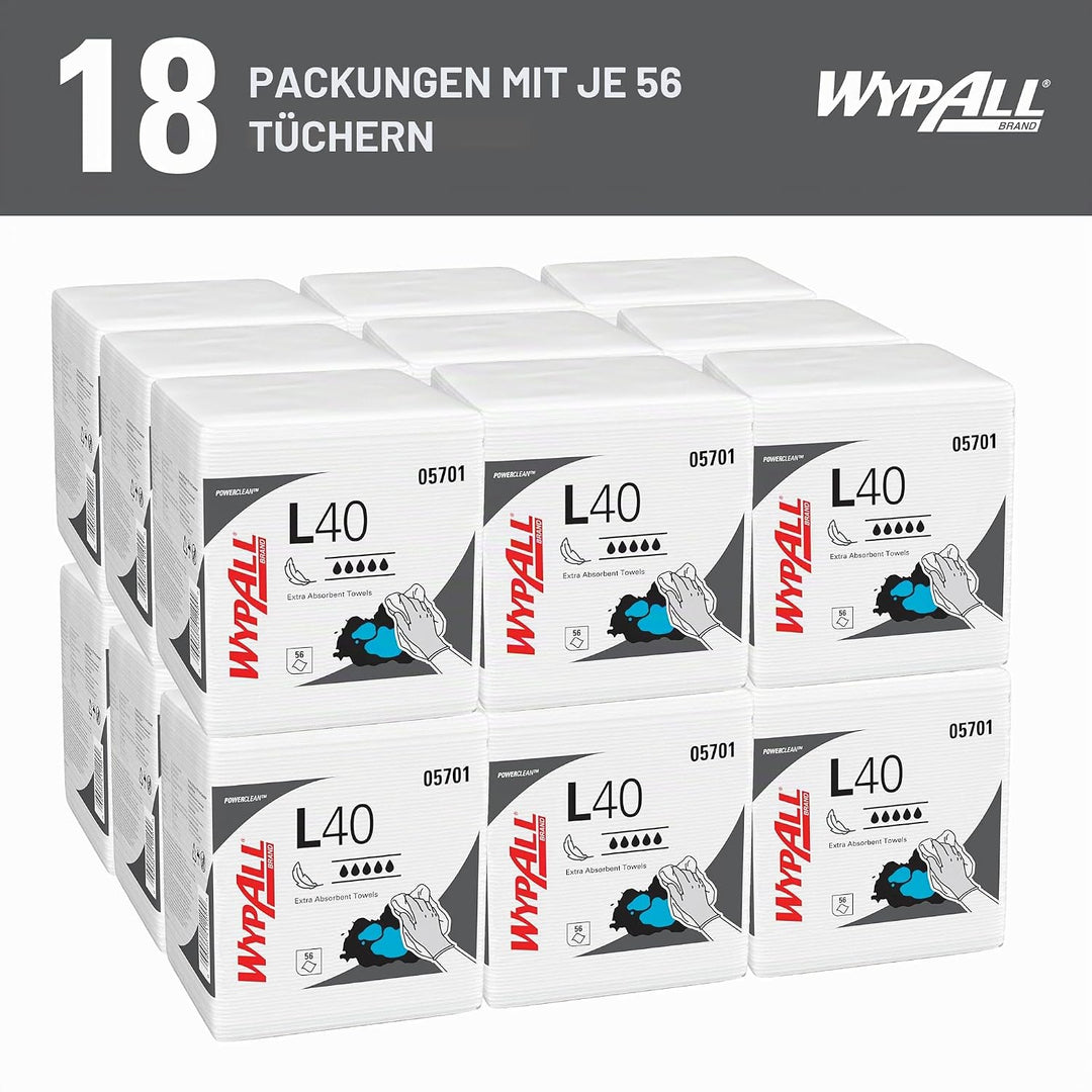 WypAll L40 Extrasaugfähige Tücher 7471 – Einmaltücher – 18 Packungen mit je 56 viertelgefalteten wei