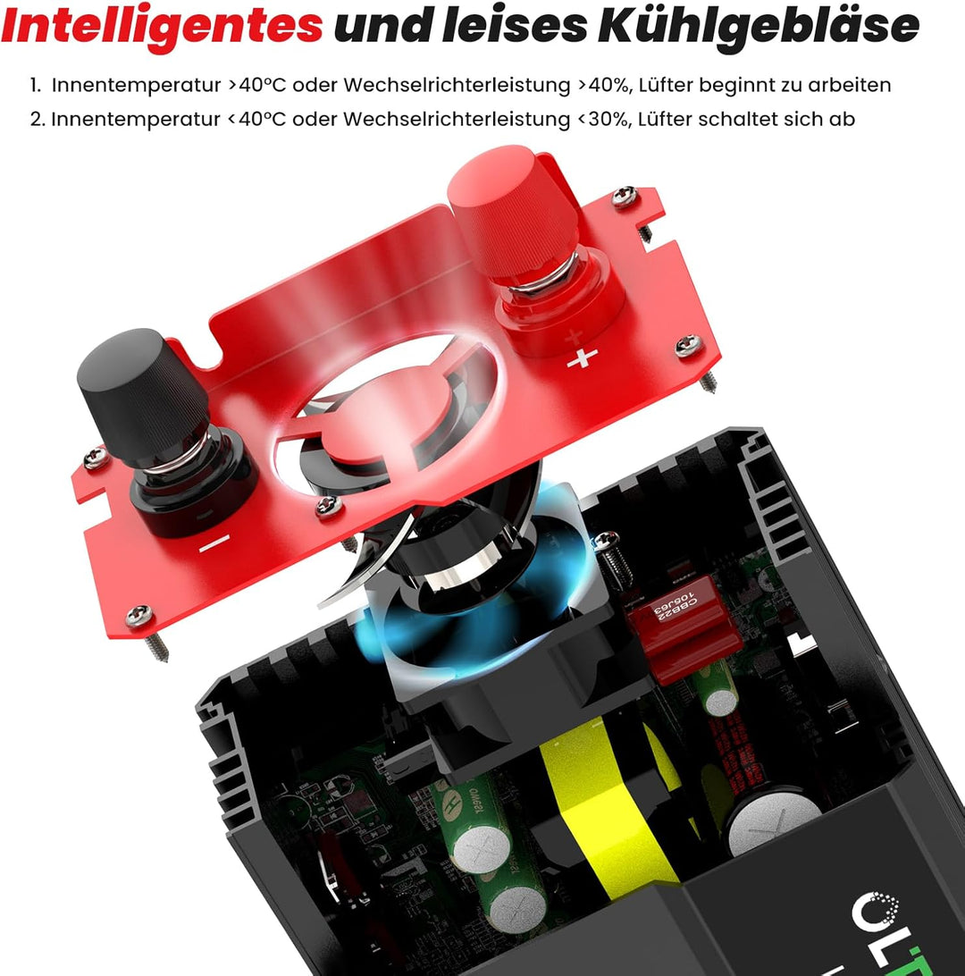 OLTEANP Wechselrichter 12V auf 230V Reiner Sinus,Spannungswandler 1200W Inverter mit LCD-Bildschirma