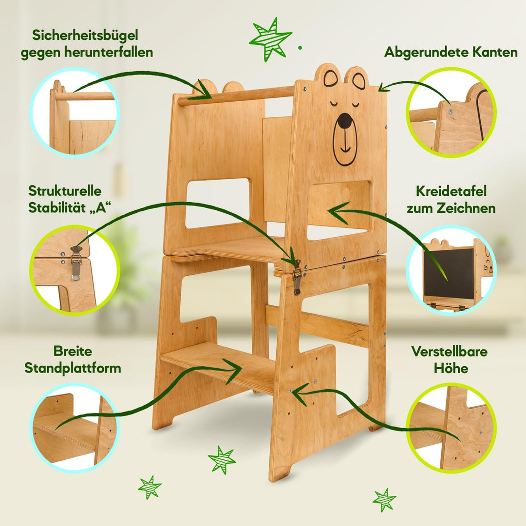 KAUZA Lernturm für Kinder ab 1 Jahr Klappbar, 3 in 1 Montessori Learning Tower, Kippschutz Kinderhoc