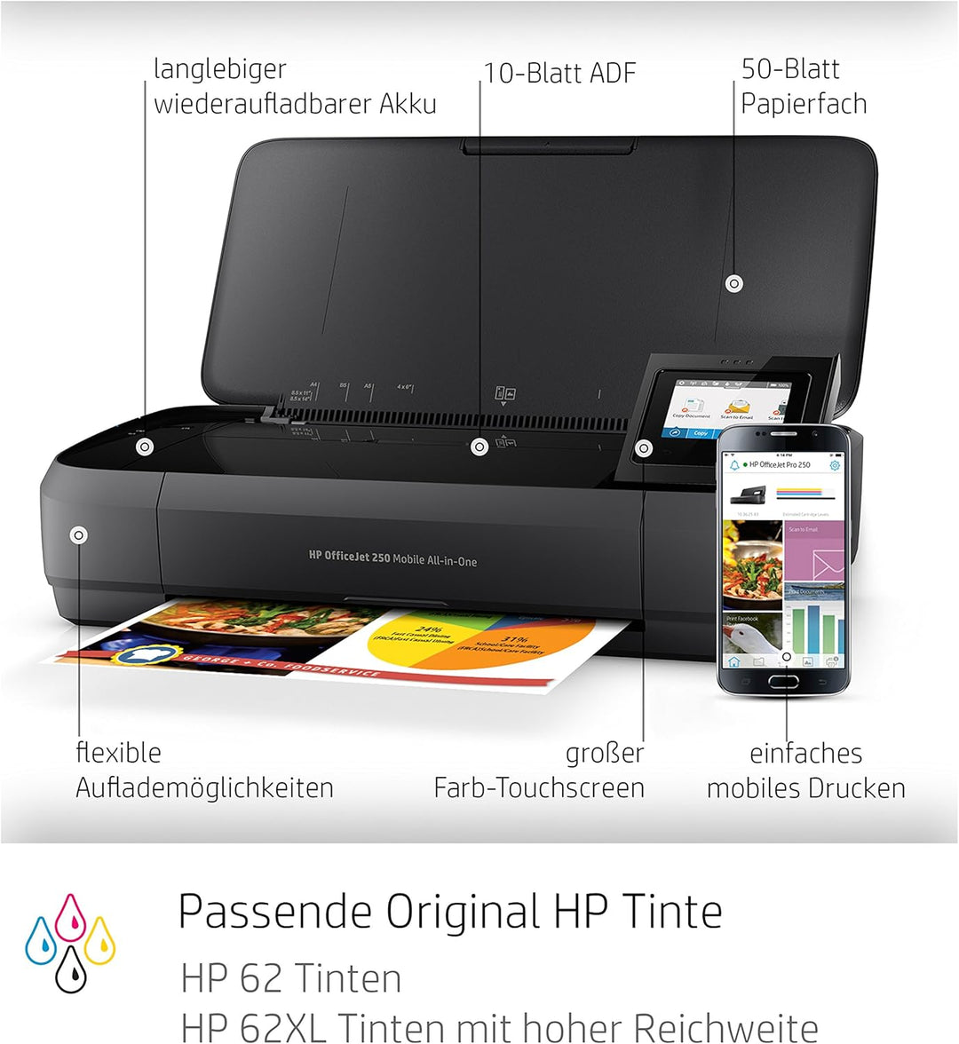 HP OfficeJet 250 mobiler Multifunktionsdrucker (Drucker Scanner, Kopierer, WLAN, HP ePrint, Wifi Dir