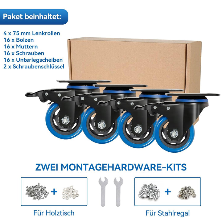 BAOLIHUI 75mm Blaue Lenkrollen 4pcs-Set Möbelrollen bis 500KG, 360° Drehung Schwerlastrollen mit Bre