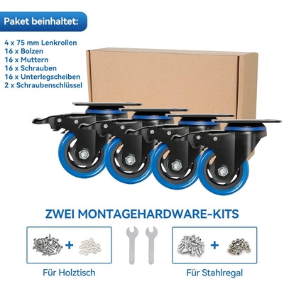 BAOLIHUI 75mm Blaue Lenkrollen 4pcs-Set Möbelrollen bis 500KG, 360° Drehung Schwerlastrollen mit Bre