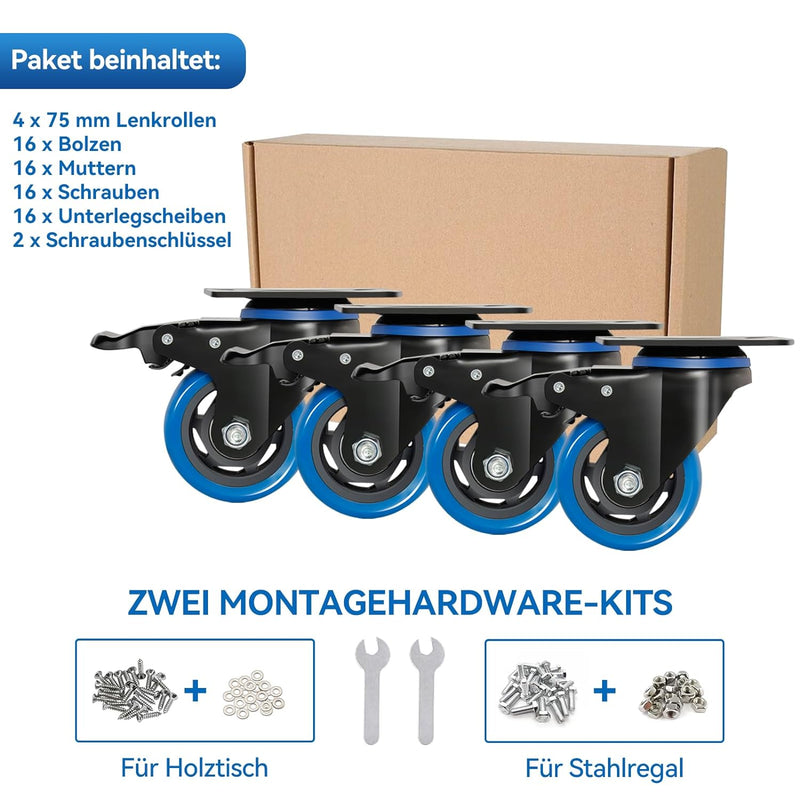 BAOLIHUI 75mm Blaue Lenkrollen 4pcs-Set Möbelrollen bis 500KG, 360° Drehung Schwerlastrollen mit Bre