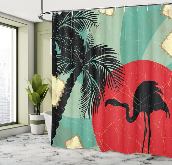 ABAKUHAUS Tropisch Duschvorhang, Grunge Flamingo Palm, Stoffliches Gewebe Badezimmerdekorationsset m