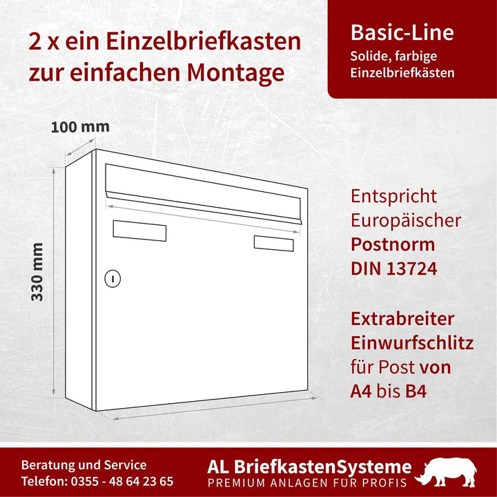 AL Briefkastensysteme Basic 2er Briefkasten RAL 5010 Enzian Blau 2 Fächer DIN A4 wetterfest Briefkas
