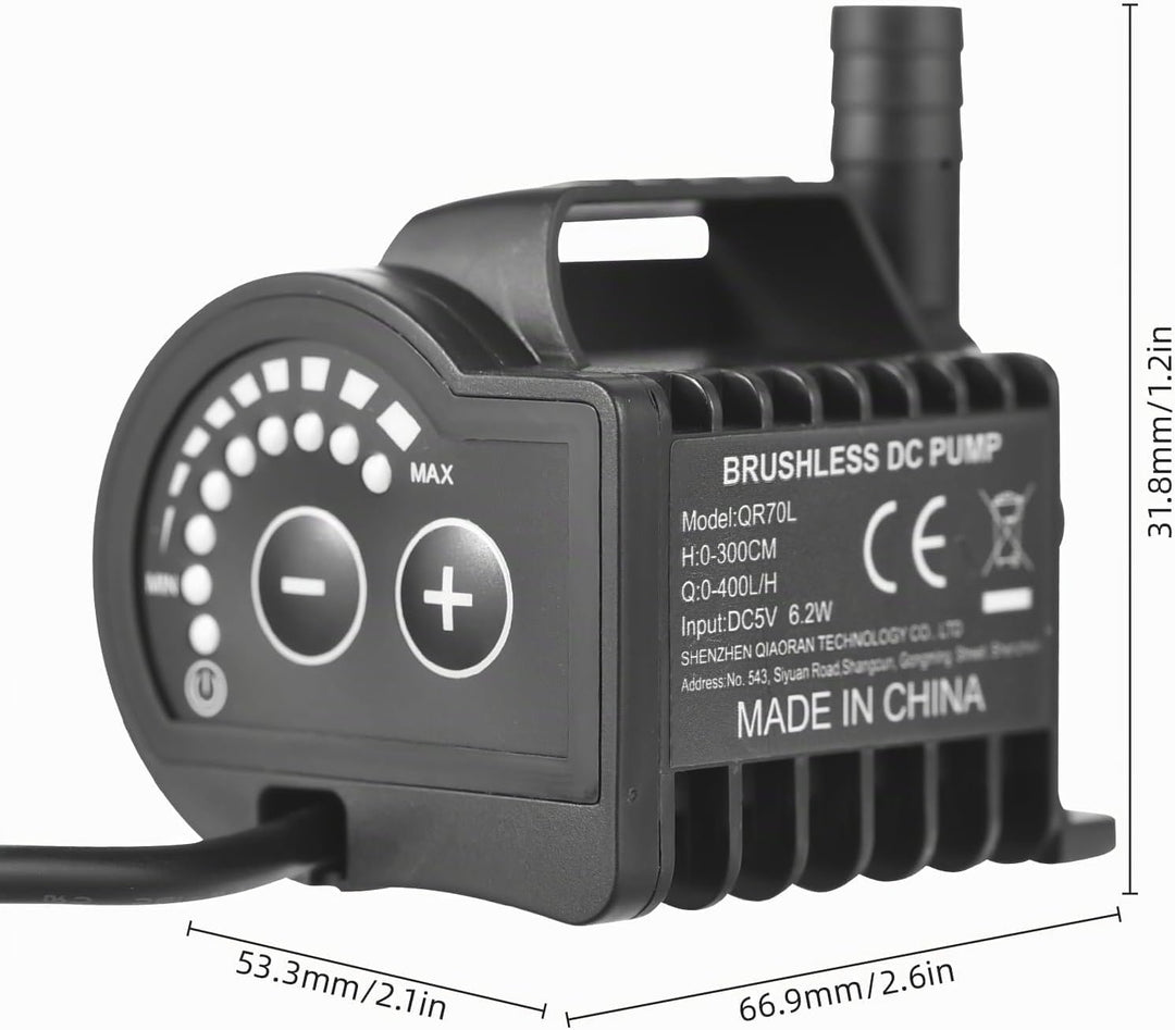 Elektrische Wasserpumpe, QR70L 5V 6.2W 0-400L/H Mikro Tauchwasserpumpe, 8 Stufen Einstellbar Drehzah