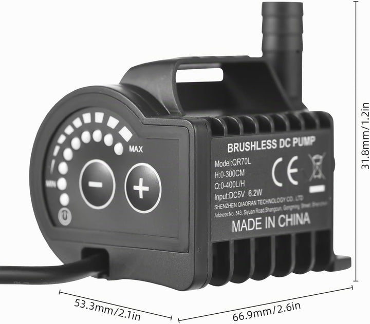 Elektrische Wasserpumpe, QR70L 5V 6.2W 0-400L/H Mikro Tauchwasserpumpe, 8 Stufen Einstellbar Drehzah