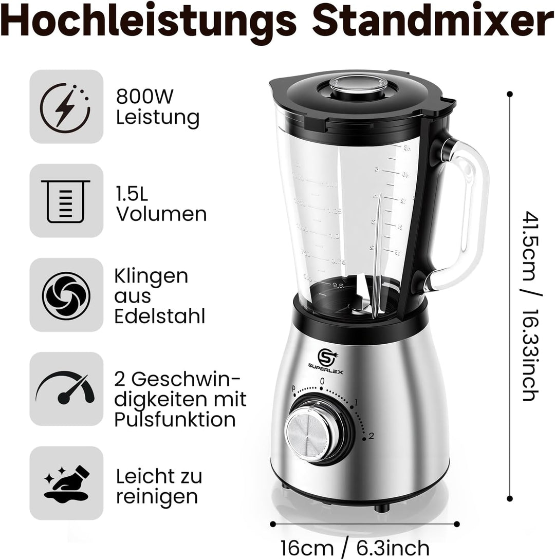 Standmixer 800W Hochleistungsmixer mit 1,5L Glasbehälter 2 Geschwindigkeitsstufen Plus Pulse Edelsta