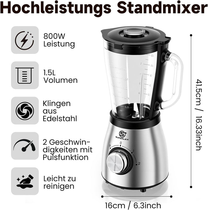 Standmixer 800W Hochleistungsmixer mit 1,5L Glasbehälter 2 Geschwindigkeitsstufen Plus Pulse Edelsta