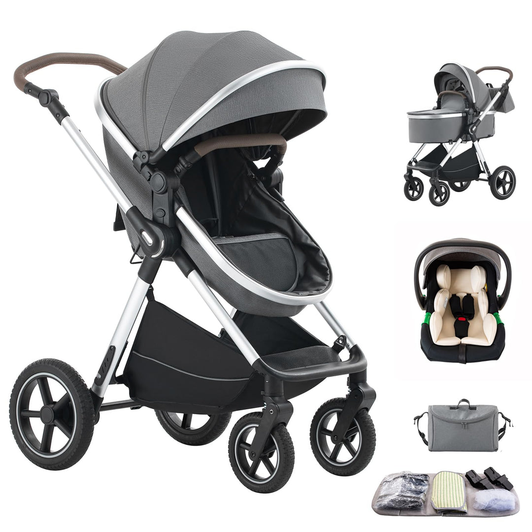 Kinderwagen 3 in 1,Puppenwagen Mit Babyschale Höhenverstellbarer Buggy Komplettset Faltbare tragbare