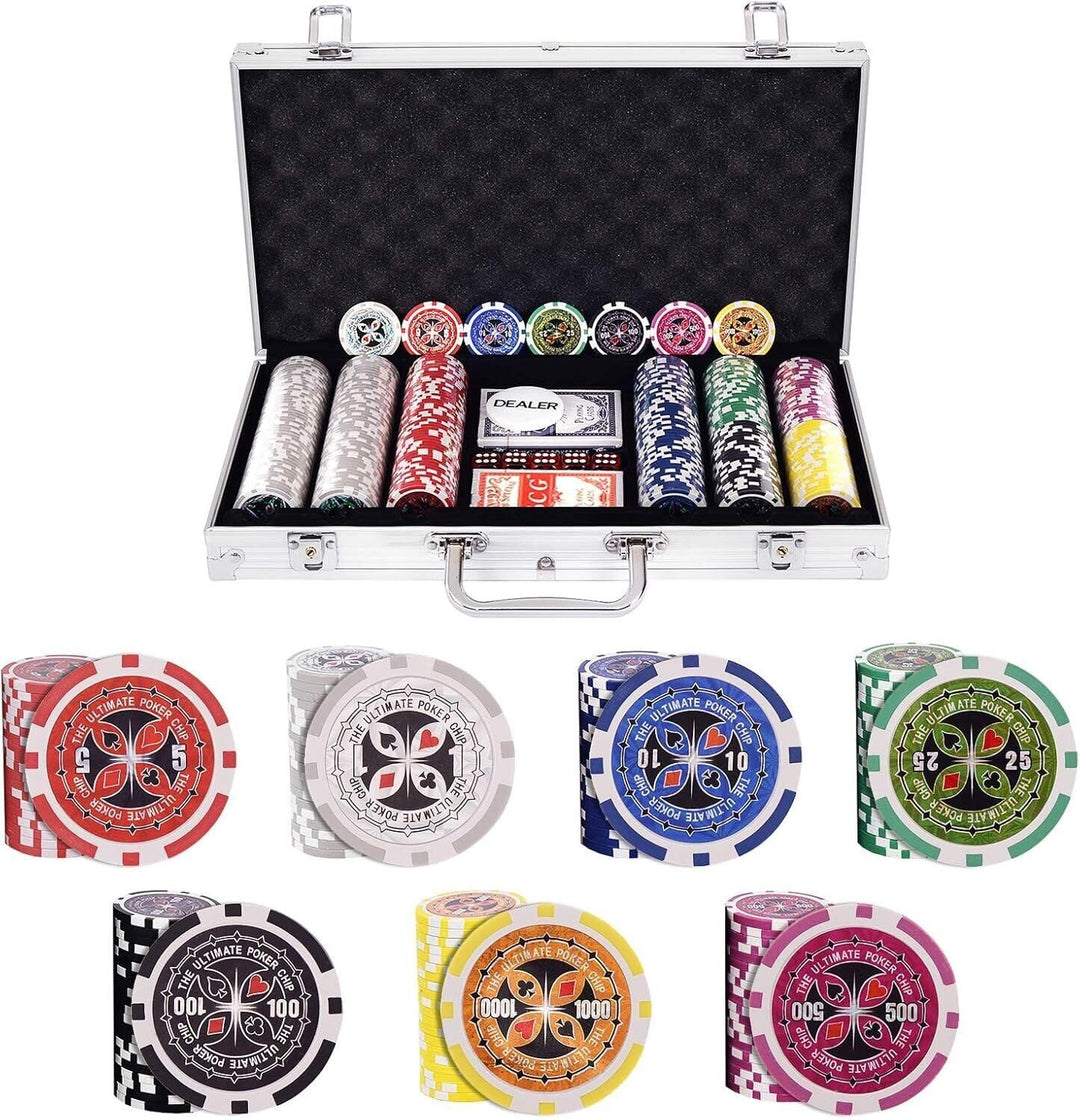 HOMASIS Pokerset mit 300 Chips, Alu Pokerkoffer mit 2 Kartendecks, 5 Würfeln, 1 Dealer Button, Poker